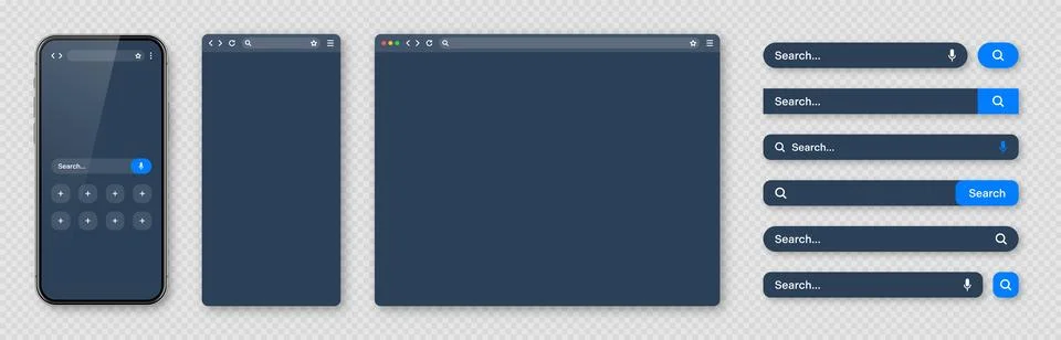 Smartphone, blank internet browser window and search bar templates, dark mode 스톡 일러스트