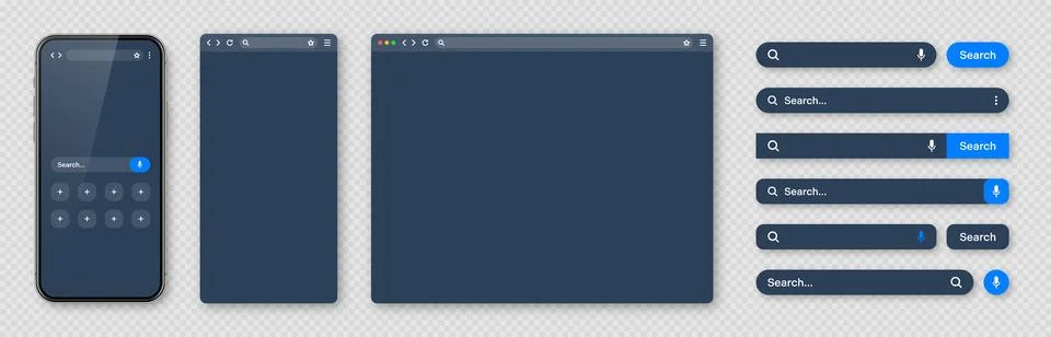 Smartphone, blank internet browser window and search bar templates, dark mode Illustrazione stock