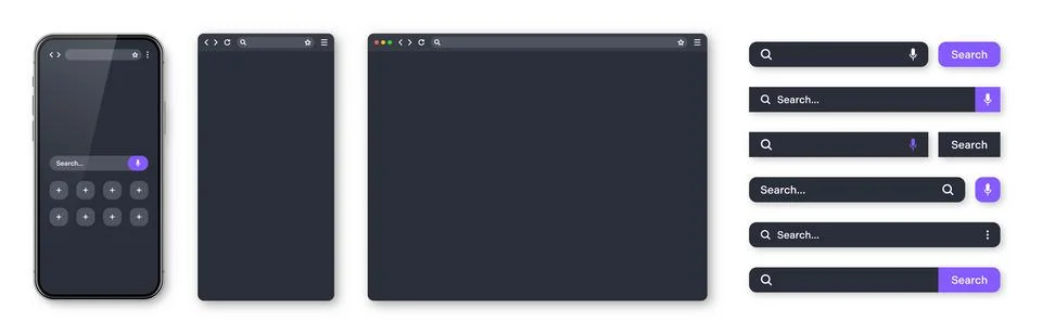 Smartphone, blank internet browser window and search bar templates, dark mode 스톡 일러스트