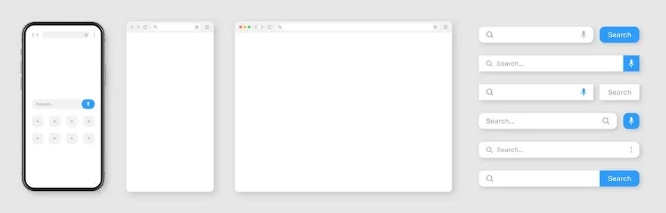 Smartphone, blank internet browser window with various search bar templates. Web 스톡 일러스트