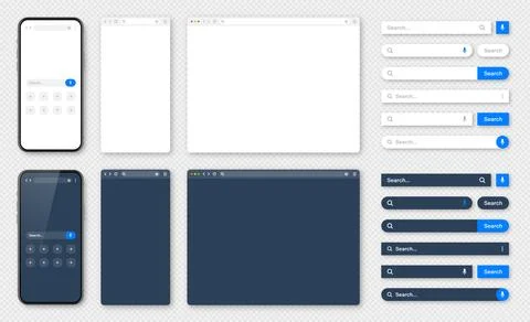 Smartphone, blank internet browser window with various search bars. Web site Stock Illustration
