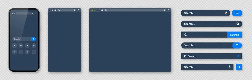 Smartphone, blank internet browser window and search bar templates, dark mode Illustrazione stock