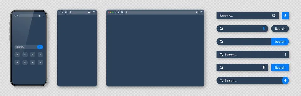 Smartphone, blank internet browser window and search bar templates, dark mode 스톡 일러스트