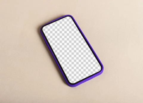 Smartphone with blank screen on beige background. Purple case mobile phone .. Stock Photos