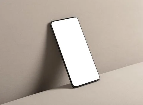 Smartphone with blank screen on beige surface. Minimal mobile mockup with cop Stock Photos