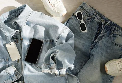 Smartphone with blank screen, denim jacket with  blank label, jeans, white sneak 库存照片