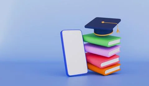 Smartphone blank screen, Graduation cap on stacked books, Back to school Stock Illustration
