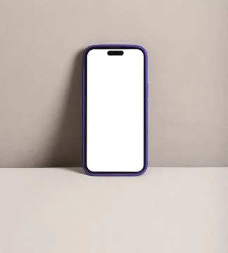 Smartphone with blank screen on neutral background. Purple case and modern .. Stock Photos