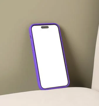 Smartphone with blank screen in purple case on minimalist background. Tilte.. Stock Photos