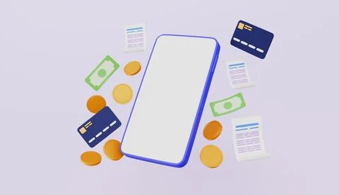 Smartphone blank white screen transaction, Online payments coin and banknote Stock Illustration