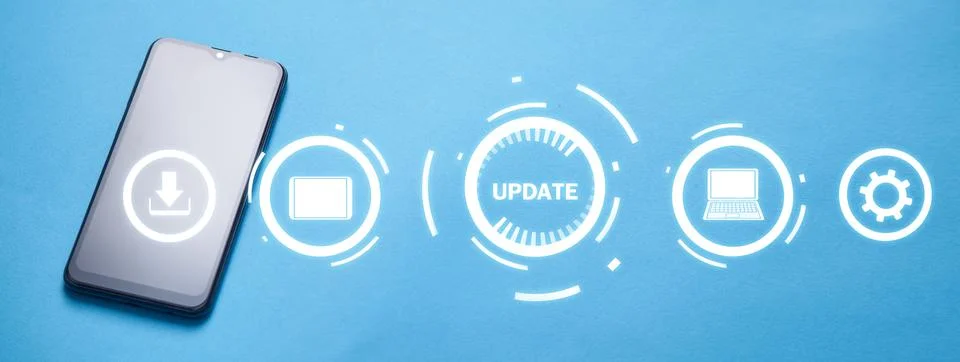 Smartphone on blue background. Update Program. Business, Technology, Internet 스톡 사진