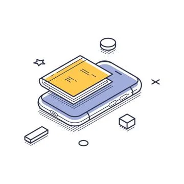 Smartphone with a book hovering above it, symbolizing online education and di 스톡 일러스트