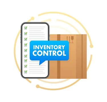 Smartphone with a box on the screen with text Inventory Control on Speech Bubble Stock Illustration