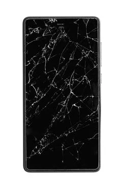Smartphone with broken screen isolated on white background. Stock Photos