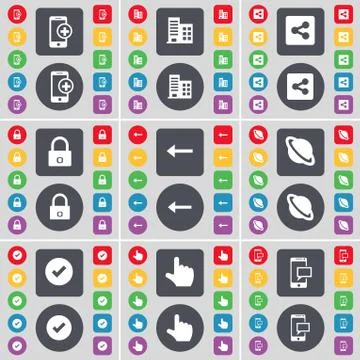Smartphone, Building, Share, Lock, Arrow left, Planet, Tick, Hand, SMS icon symb Illustrazione stock