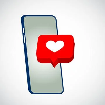 Smartphone with like button. Cell phone with like and heart emoji speech bubble Stock Illustration