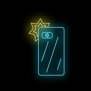 Smartphone camera with glowing neon flash light icon Stock Illustration