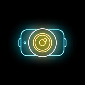 Smartphone with camera lens neon glowing icon Stock Illustration