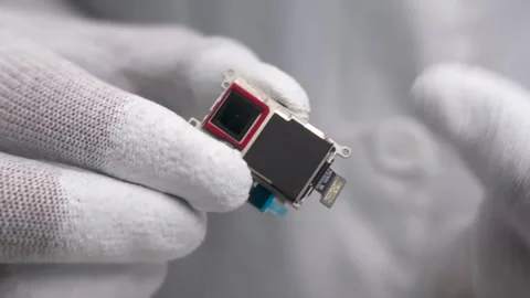 Smartphone camera module in hand in white glove 库存影片 347981342