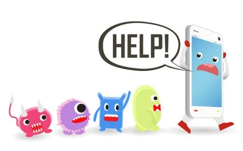 Smartphone cartoon need help from virus computer attack Stock Illustration
