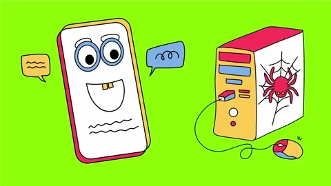 Smartphone character connected to computer with spider on case Stock Footage 331578782