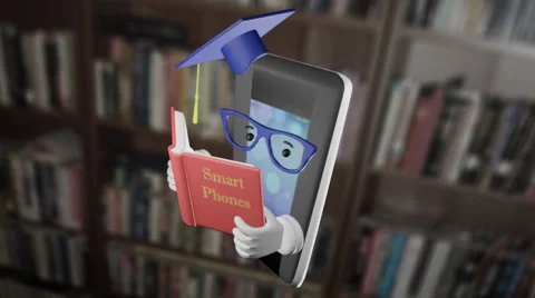 Smartphone Character LOOP Graduation Hat Reading Book In Library Stock Footage 53259401
