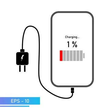 The smartphone is charged from the power supply. Indication of the charging Stock Illustration