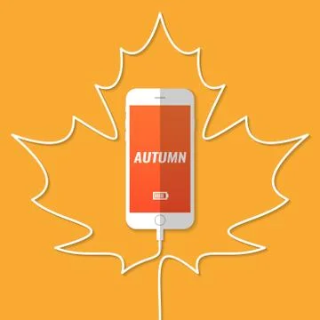 Smartphone. Charging. Wire. Silhouette of the maple leaf. Autumn. Stock Illustration