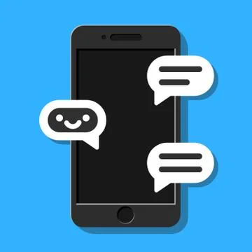 Smartphone with chat and chatbot on screen in flat style blue background Stock Illustration