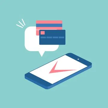 Smartphone with check mark on screen and bank cards in speech bubble Stock Illustration