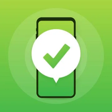Smartphone with checkmark or tick notification in bubble. Approved choice. Ac Stock Illustration