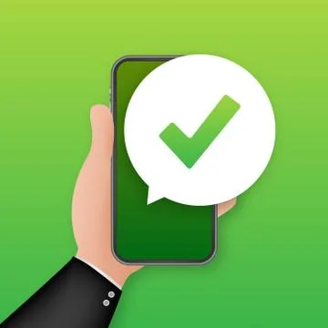 Smartphone with checkmark or tick notification in bubble. Approved choice. Ac Stock Illustration