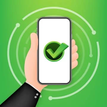 Smartphone with checkmark or tick notification in bubble. Approved choice. Ac Stock Illustration