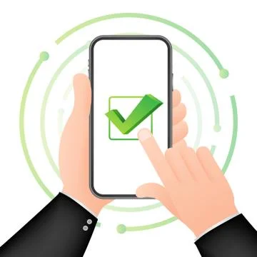 Smartphone with checkmark or tick notification in bubble. Approved choice. Ac Stock Illustration