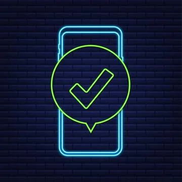 Smartphone with checkmark or tick notification in bubble. Approved choice Stock-Illustration