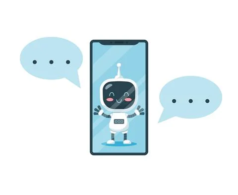 Smartphone with cheerful chat bot inside and chat bubbles, flat vector 스톡 일러스트
