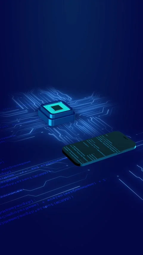 Smartphone chip data circuit visual glowing micro processor, code layers, and bl Stock Footage 340572610