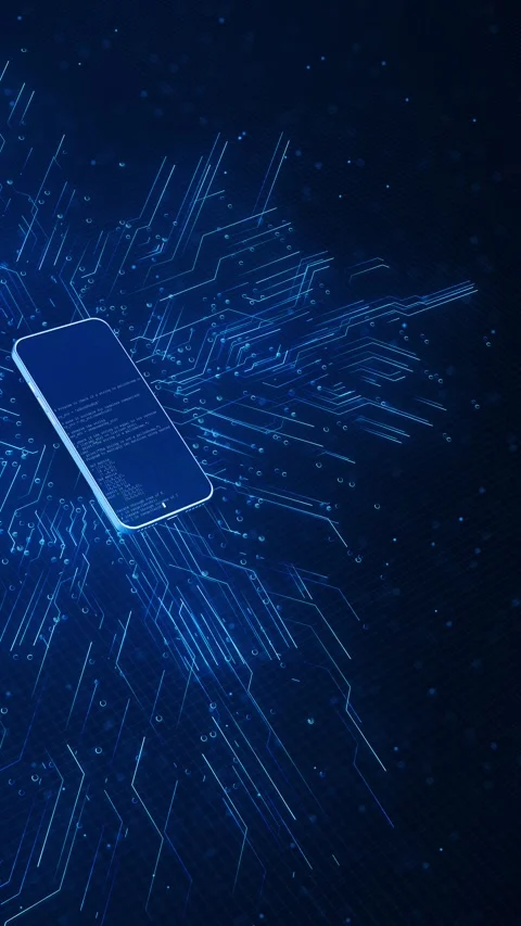 Smartphone circuit data background glowing blue mobile device, expanding electro Stock Footage 340554068
