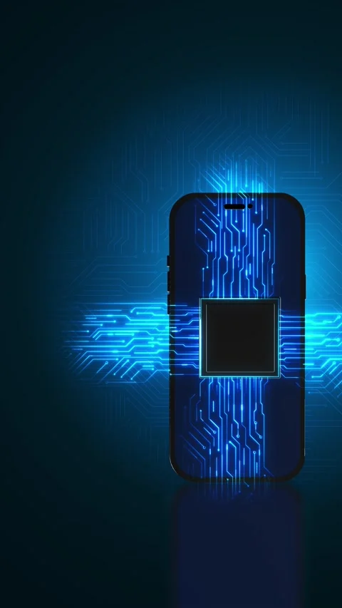 Smartphone circuit processor technology background glowing blue data paths, cent Stock Footage 340525458