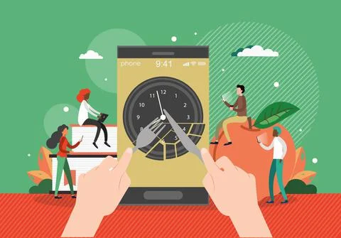 Smartphone with clock, human hands holding fork and knife, flat vector 스톡 일러스트
