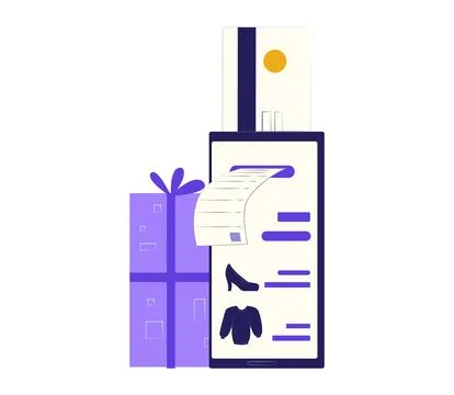 Smartphone with clothing app interface, online shopping concept, gift and dress Ilustração Stock