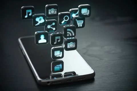 Smartphone with cloud of application icons. Mobile phone on the black wooden  Foto stock