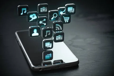 Smartphone with cloud of application icons. Mobile phone on the black wood... Stock Photos