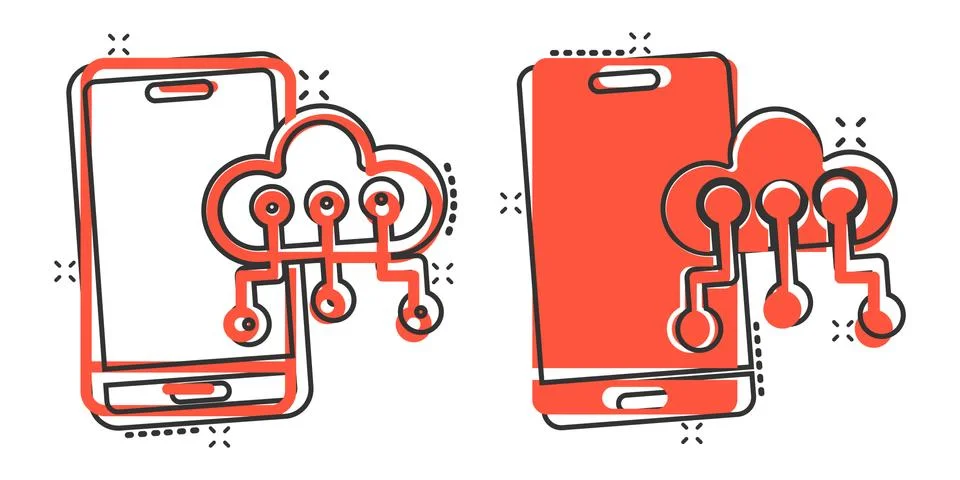 Smartphone with cloud icon in comic style. Phone network storage cartoon vect Stock Illustration