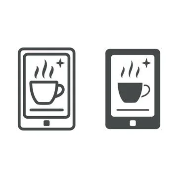 Smartphone coffee app with cup on screen line and solid icon, catering concept Stock Illustration
