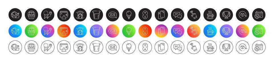 Smartphone, Coffee cup and Scroll down line icons. For web app, printing. Round Stock Illustration