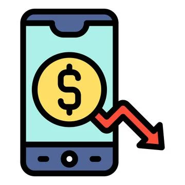 Smartphone with coin and decrease arrow on screen icon, Bankruptcy related ve Illustrazione stock