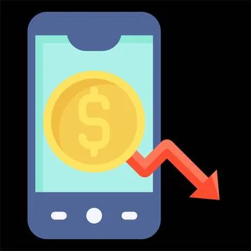 Smartphone with coin and decrease arrow on screen icon, Bankruptcy related ve Illustrazione stock