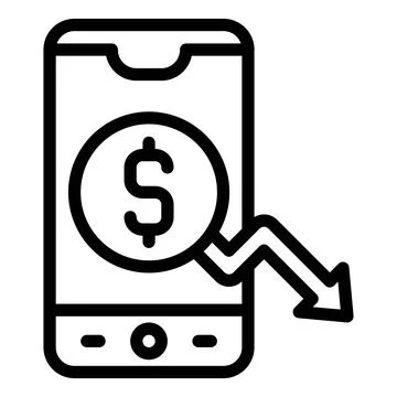 Smartphone with coin and decrease arrow on screen icon, Bankruptcy related ve Stock Illustration