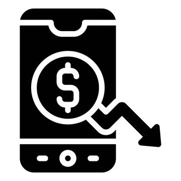 Smartphone with coin and decrease arrow on screen icon, Bankruptcy related ve 库存插图